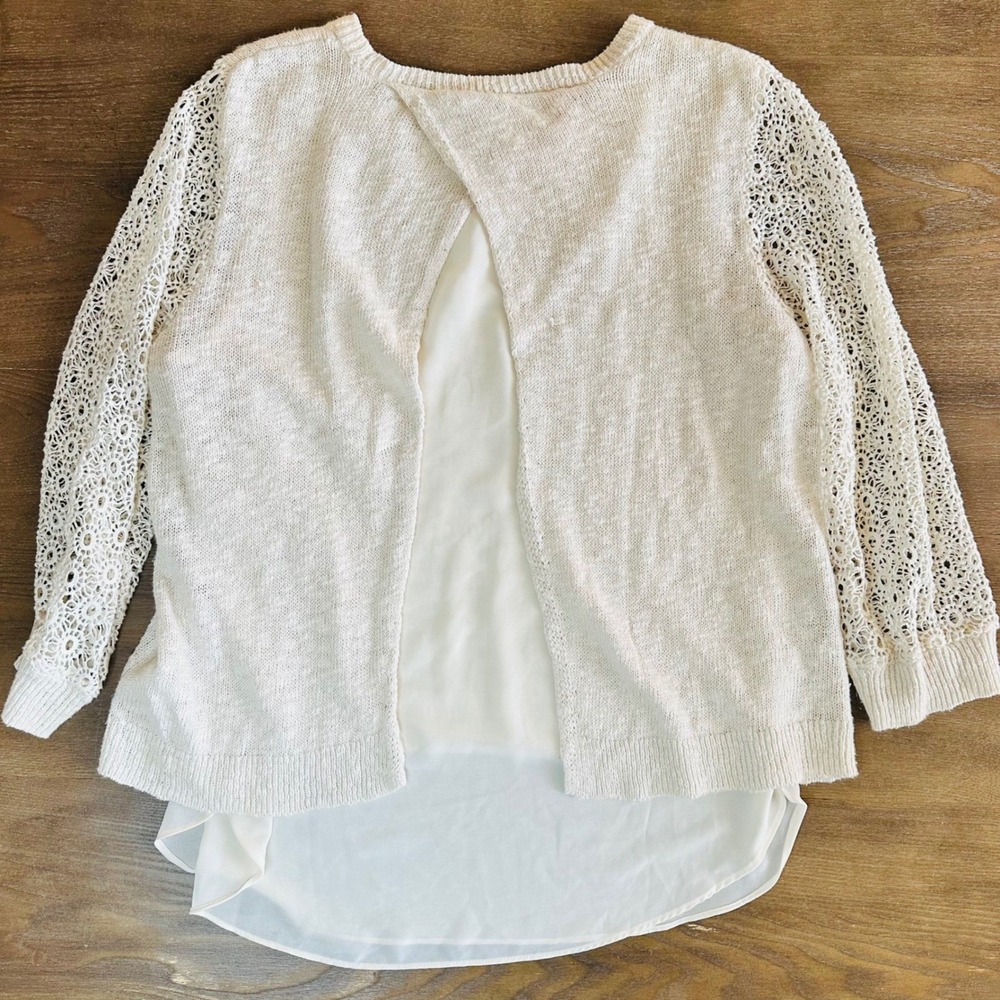 Lucky Brand Ivory‎ Crochet Lace Sleeve Knit Top Layered Shirt Women's L - Picture 9 of 9